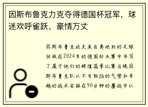 因斯布鲁克力克夺得德国杯冠军，球迷欢呼雀跃，豪情万丈