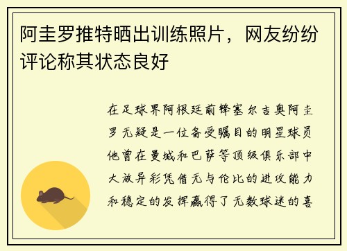 阿圭罗推特晒出训练照片，网友纷纷评论称其状态良好